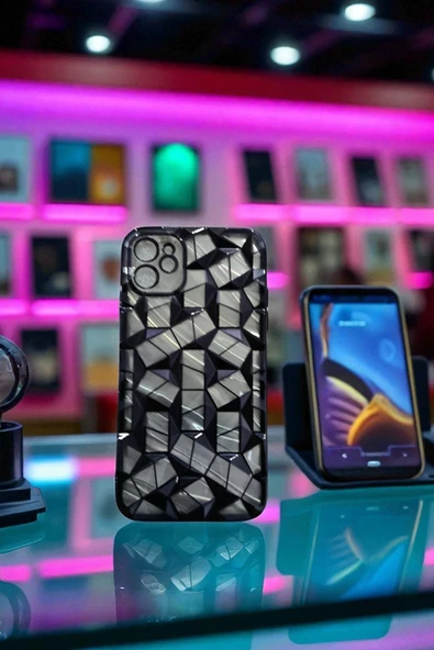 Kılıfx İphone 12 / 12 Pro Uyumlu Geometrik Elmas Desenli Siyah Kılıf