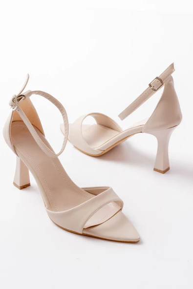 İnfon Ayakkabı Marketi 718 Bej Cilt Sivri Burunlu Topuklu Bilekten Bağlamalı Kadın Ayakkabı - Resim 4