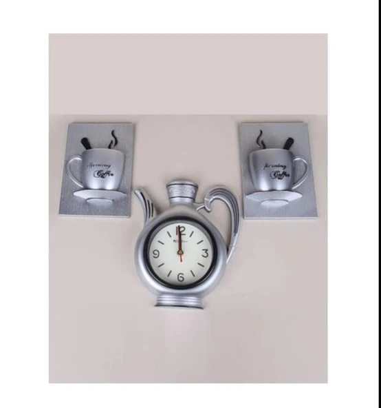 FİNCAN DEKORLU 3 LÜ DEKORATİF MUTFAK SAATİ GRİ RENK - 4