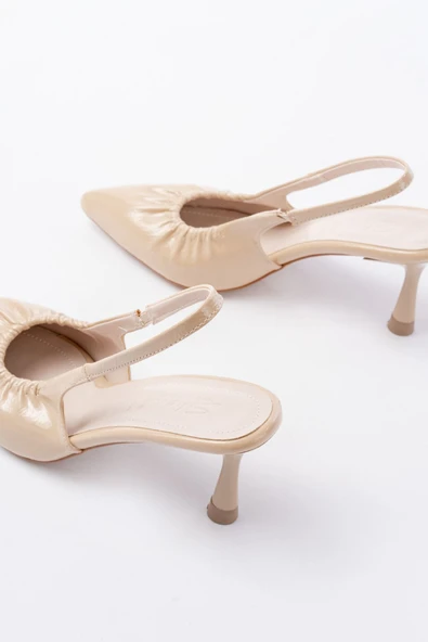 İnfon Ayakkabı Marketi Topuklu Ayakkabı İNF-40451 Bej Kırışık Rugan Günlük Arkası Açık Topuklu Ayakkabı - Resim 3