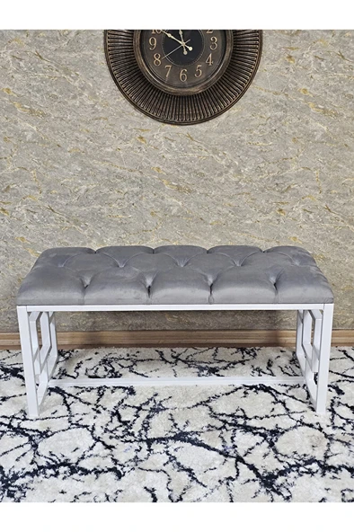 Beyaz Boyalı İçi Kareli Diktörtgen 100 cm x 40 cm Oturak Puf - Bench - Makyaj Oturağı - Oturak Gri Renk 100 x 40 Boyut/Ebat - Resim 2