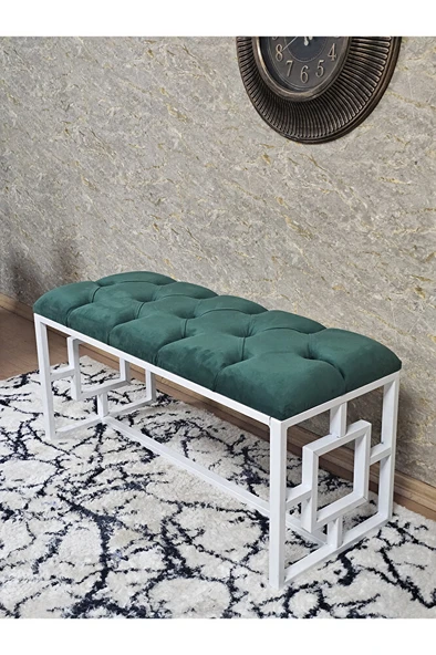 Beyaz Boyalı İçi Kareli Diktörtgen 100 cm x 40 cm Oturak Puf - Bench - Makyaj Oturağı - Oturak Yeşil Renk 100 x 40 Boyut/Ebat - Resim 4