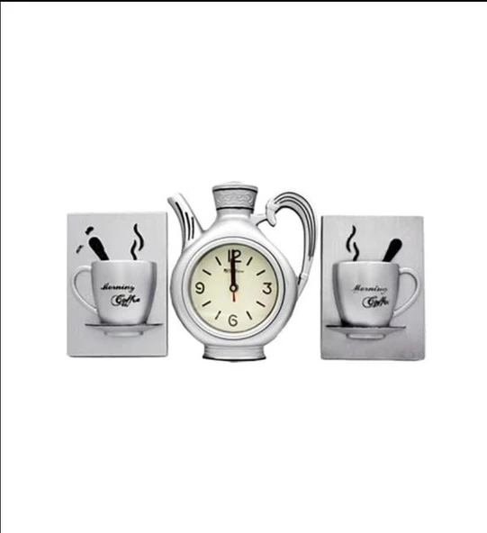 FİNCAN DEKORLU 3 LÜ DEKORATİF MUTFAK SAATİ GRİ RENK - 3