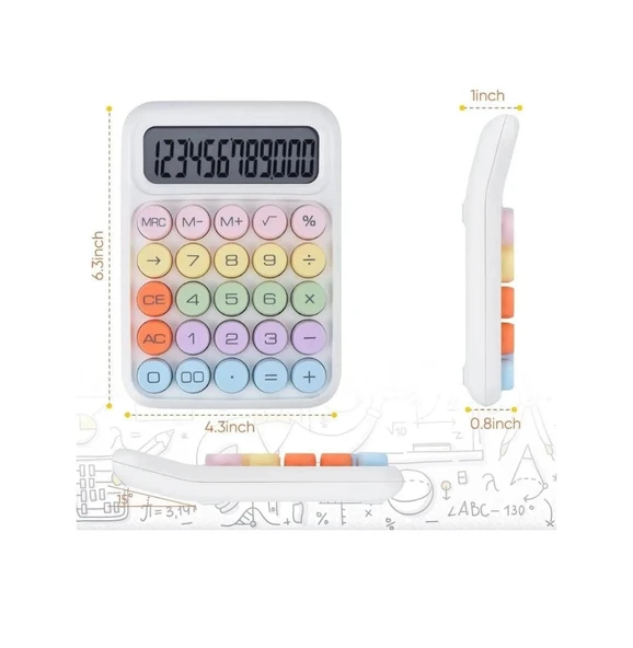 12 Haneli Güneş Enerjili Hesap Makinesi - Açılı Geniş Ekran, Çift Güç Kaynağı Solar Pil BEYAZ RENK