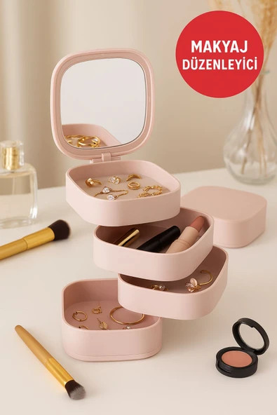 Aynalı Çok Katlı Makyaj ve Takı Düzenleyici – Kompakt, Taşınabilir ve Şık Organizer Kutusu Pudra ürün görseli 1