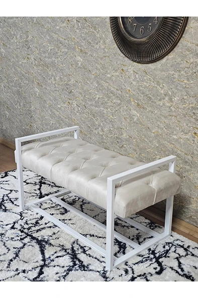 Beyaz Boyalı Metal 80 cm Puf Bench - Antre Puf - Hol Bench - Puf - Oturak - Bench Krem Renk 90 x 45 Boyut/Ebat - 4
