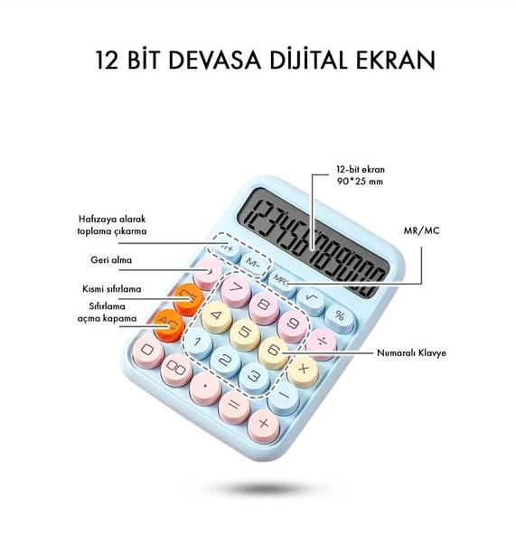 12 Haneli Güneş Enerjili Hesap Makinesi - Açılı Geniş Ekran, Çift Güç Kaynağı Solar Pil MAVİ RENK - 3