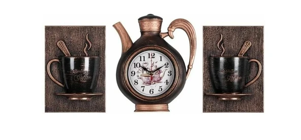 FİNCAN DEKORLU 3 LÜ DEKORATİF MUTFAK SAATİ BAKIR RENK