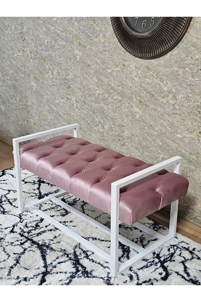 Beyaz Boyalı Metal 80 cm Puf Bench - Antre Puf - Hol Bench - Puf - Oturak - Bench Pembe Renk 90 x 45 Boyut/Ebat - 4