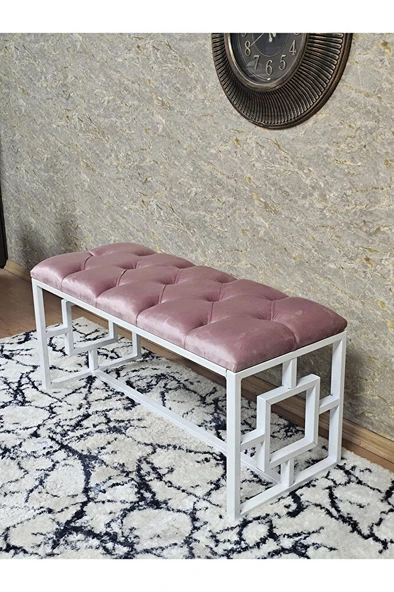 Beyaz Boyalı İçi Kareli Diktörtgen 100 cm x 40 cm Oturak Puf - Bench - Makyaj Oturağı - Oturak Pembe Renk 100 x 40 Boyut/Ebat - Resim 4