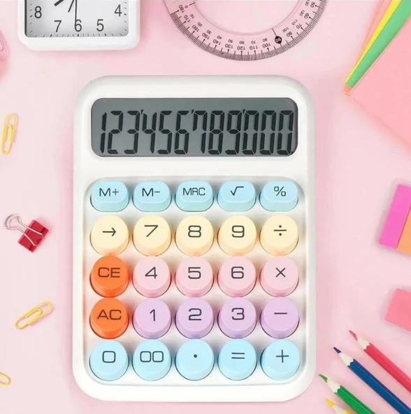 12 Haneli Güneş Enerjili Hesap Makinesi - Açılı Geniş Ekran, Çift Güç Kaynağı Solar Pil BEYAZ RENK - 3