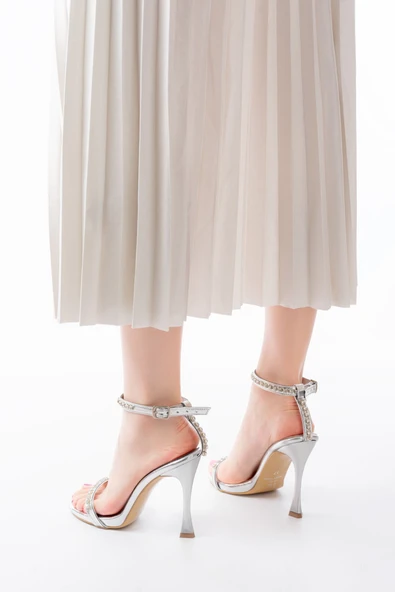 Shemard A-30 Gümüş Taş Aksesuarlı Platformlu Topuklu Kadın Terlik - Resim 3
