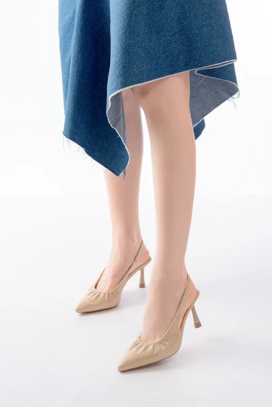 İnfon Ayakkabı Marketi Topuklu Ayakkabı İNF-40451 Bej Kırışık Rugan Günlük Arkası Açık Topuklu Ayakkabı - Resim 2