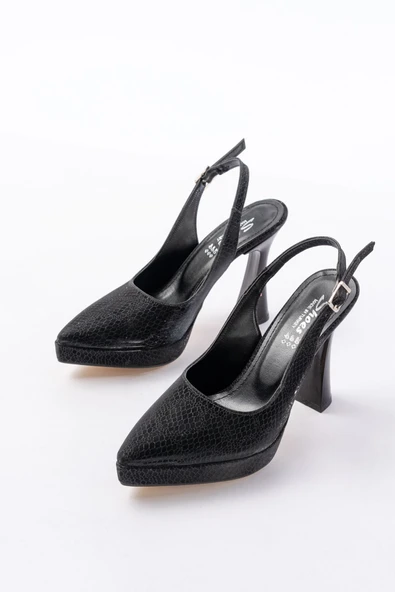 İnfon Ayakkabı Marketi B-2101 Siyah Günlük Arkası Açık Yılan Desenli Topuklu Ayakkabı - Resim 3