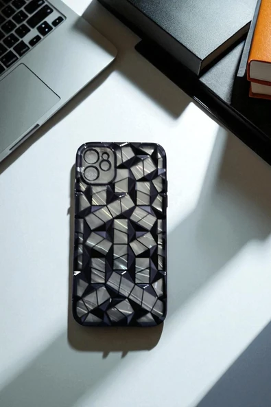 Kılıfx İphone 12 / 12 Pro Uyumlu Geometrik Elmas Desenli Siyah Kılıf - 3