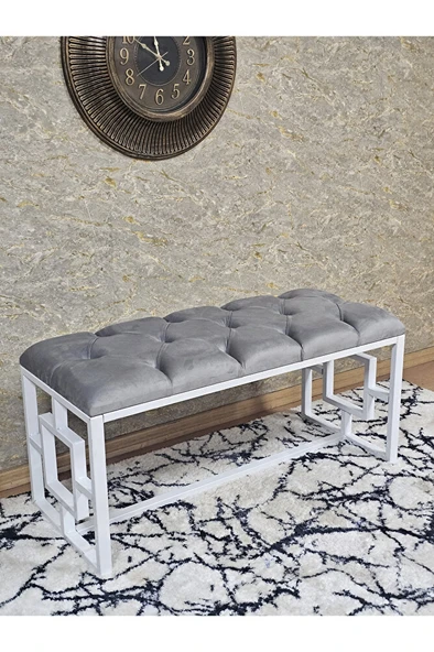 Beyaz Boyalı İçi Kareli Diktörtgen 100 cm x 40 cm Oturak Puf - Bench - Makyaj Oturağı - Oturak Gri Renk 100 x 40 Boyut/Ebat ürün görseli 1