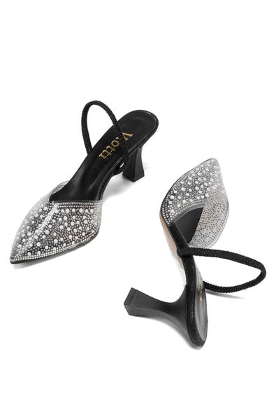 İnfon Ayakkabı Marketi Topuklu Ayakkabı V-1005 Siyah Günlük Arkası Açık Taşlı Topuklu Ayakkabı - Resim 4