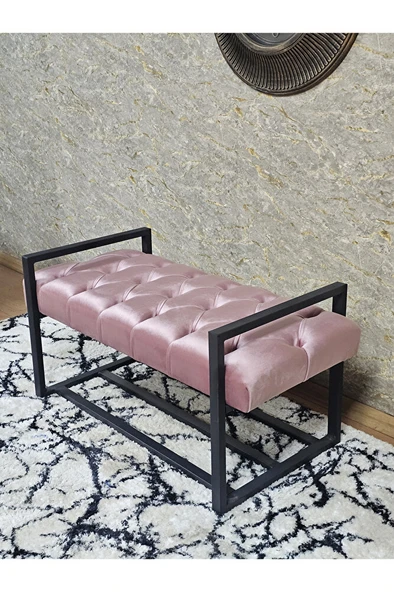 Siyah Boyalı Metal 80 cm Puf Bench - Antre Puf - Hol Bench - Puf - Oturak - Bench Pembe Renk 90 x 45 Boyut/Ebat - 4
