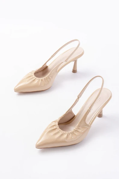 İnfon Ayakkabı Marketi Topuklu Ayakkabı İNF-40451 Bej Kırışık Rugan Günlük Arkası Açık Topuklu Ayakkabı - Resim 4