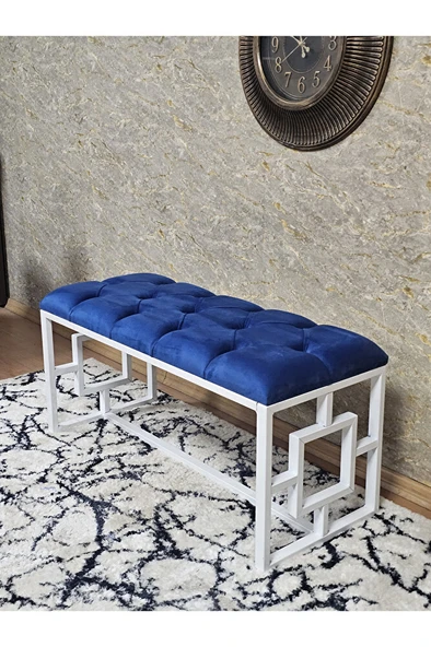 Beyaz Boyalı İçi Kareli Diktörtgen 100 cm x 40 cm Oturak Puf - Bench - Makyaj Oturağı - Oturak Mavi Renk 100 x 40 Boyut/Ebat - Resim 4