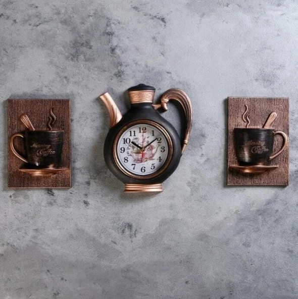 FİNCAN DEKORLU 3 LÜ DEKORATİF MUTFAK SAATİ BAKIR RENK - 2