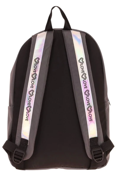 KAUKKO Mirror Parlak Love Şeritli Kalp Aksesuarlı Okul ve Günlük Sırt Çantası - Kız/Kadın - Gri - 3