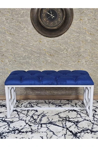 Beyaz Boyalı İçi Kareli Diktörtgen 100 cm x 40 cm Oturak Puf - Bench - Makyaj Oturağı - Oturak Mavi Renk 100 x 40 Boyut/Ebat - Resim 2