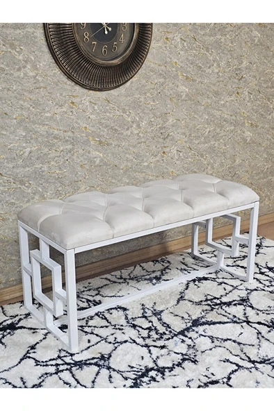 Beyaz Boyalı İçi Kareli Diktörtgen 100 cm x 40 cm Oturak Puf - Bench - Makyaj Oturağı - Oturak Krem Renk 100 x 40 Boyut/Ebat ürün görseli 1