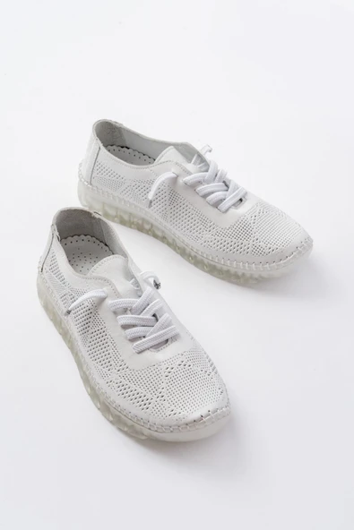 İnfon Ayakkabı Marketi İnfon Ayakkabı Marketi S-365 Beyaz Desenli Hakiki Deri Şeffaf Taban Kadın Spor Ayakkabı - Resim 3
