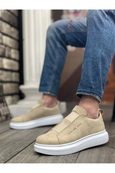 aradimtaradim BA0307 BOA Kalın Süet Yüksek Taban Çift Bant Krem Erkek Ayakkabı - Resim 2