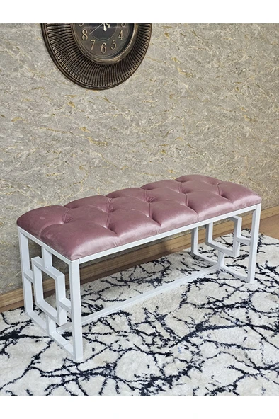 Beyaz Boyalı İçi Kareli Diktörtgen 100 cm x 40 cm Oturak Puf - Bench - Makyaj Oturağı - Oturak Pembe Renk 100 x 40 Boyut/Ebat ürün görseli 1