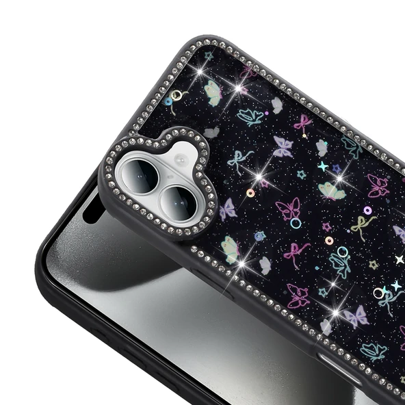 Apple iPhone 16 Plus Kılıf Taşlı ve Simli Tasarım  Azra Kapak - Resim 7