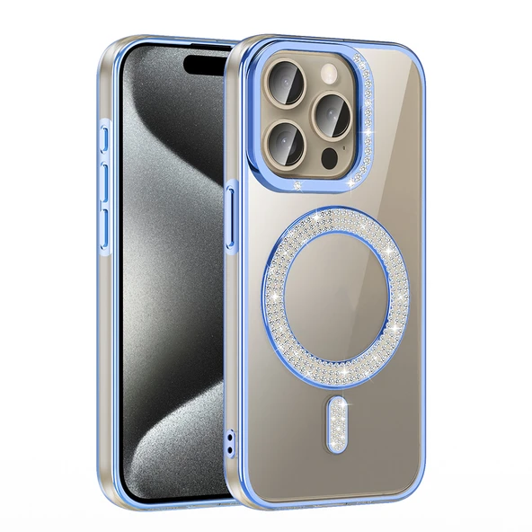 Apple iPhone 15 Pro Max Kılıf Pırlanta Taş Tasarımlı M-safe Şarj Özellikli  Karetta Silikon Kapak - Resim 5