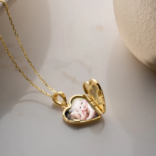 Vaoov 925 Ayar Gümüş Fotoğraflı Kişiye Özel İsimli Gold Kalp Kolye - Resim 2