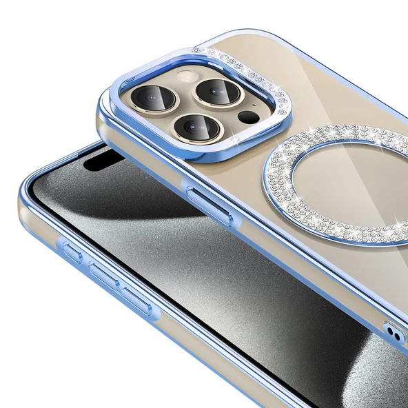 Apple iPhone 15 Pro Max Kılıf Pırlanta Taş Tasarımlı M-safe Şarj Özellikli  Karetta Silikon Kapak - Resim 6