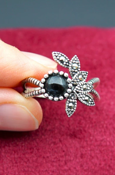 925 Ayar Kadın Gümüş Oltu Taşı Yüzük sy00058 - Resim 4