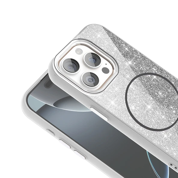 Apple iPhone 15 Pro Kılıf M-safe Şarj Özellikli Parlayan Simli  Okso Kapak - Resim 5