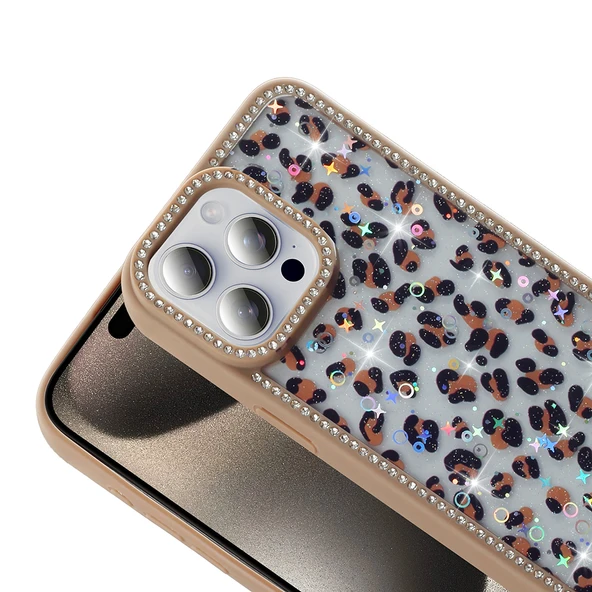 Apple iPhone 15 Pro Kılıf Taşlı ve Simli Tasarım  Azra Kapak - Resim 6