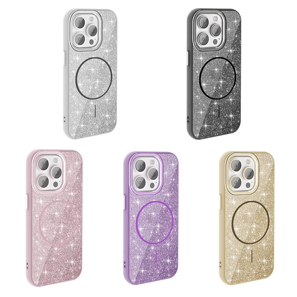 Apple iPhone 15 Pro Max Kılıf M-safe Şarj Özellikli Parlayan Simli  Okso Kapak - Resim 3