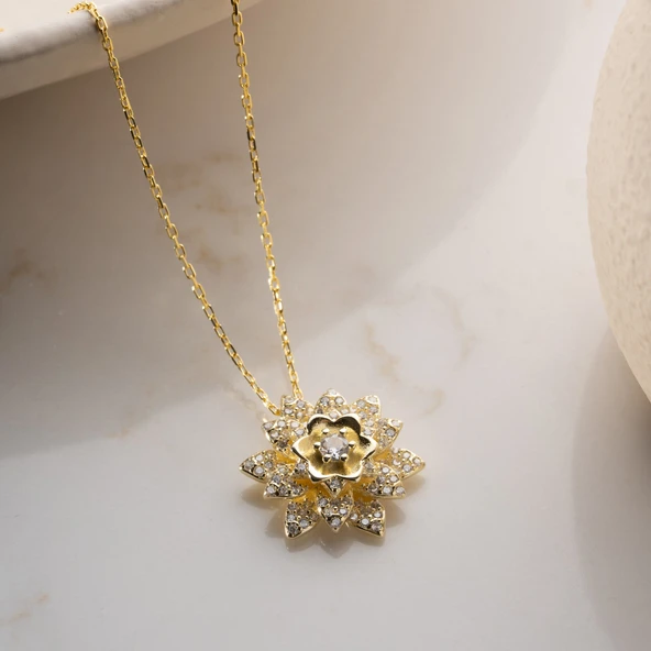 Vaoov 925 Ayar Gümüş Katmanlı Lotus Çiçeği Kolye - Resim 2