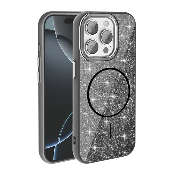 Apple iPhone 15 Pro Max Kılıf M-safe Şarj Özellikli Parlayan Simli  Okso Kapak - Resim 2