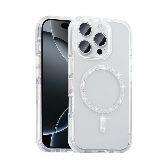 Apple iPhone 15 Pro Max Kılıf Taşlı Tasarım M-safe Şarj Özellikli  Koment Silikon Kapak ürün görseli