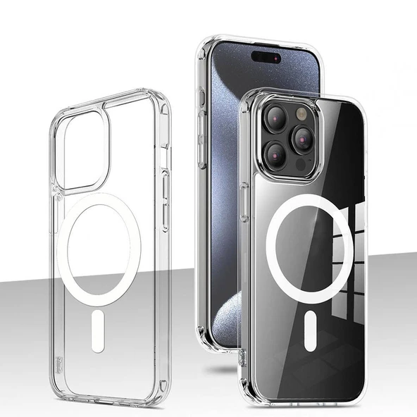 Apple iPhone 15 Pro Max Kılıf M-safe Şarj Özellikli Şeffaf Sert PC  Embos Kapak - Resim 7