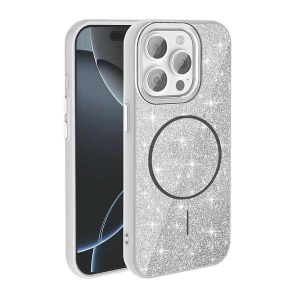 Apple iPhone 15 Pro Max Kılıf M-safe Şarj Özellikli Parlayan Simli  Okso Kapak ürün görseli