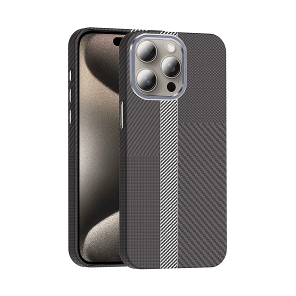 Apple iPhone 15 Pro Kılıf M-safe Şarj Özellikli Karbon Fiber Görünümlü  Gros Kapak ürün görseli