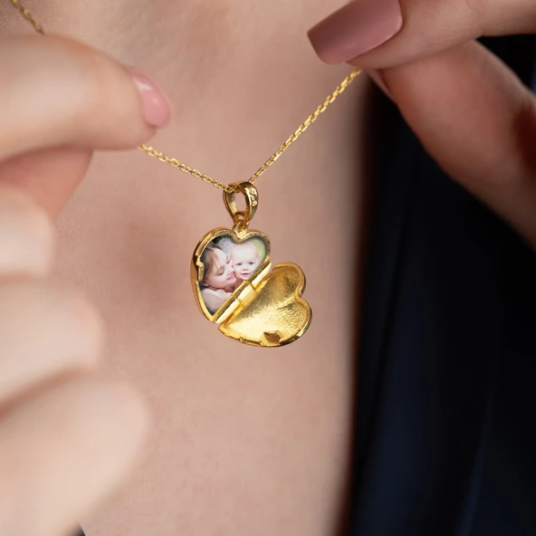 Vaoov 925 Ayar Gümüş Fotoğraflı Kişiye Özel İsimli Gold Kalp Kolye ürün görseli 1