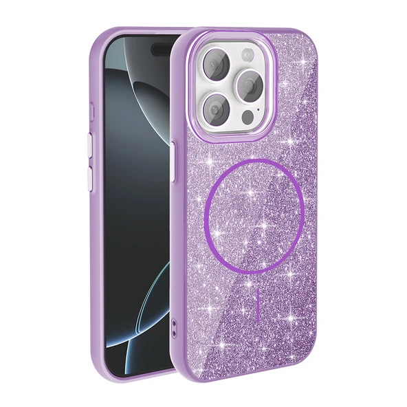 Apple iPhone 15 Pro Kılıf M-safe Şarj Özellikli Parlayan Simli  Okso Kapak ürün görseli