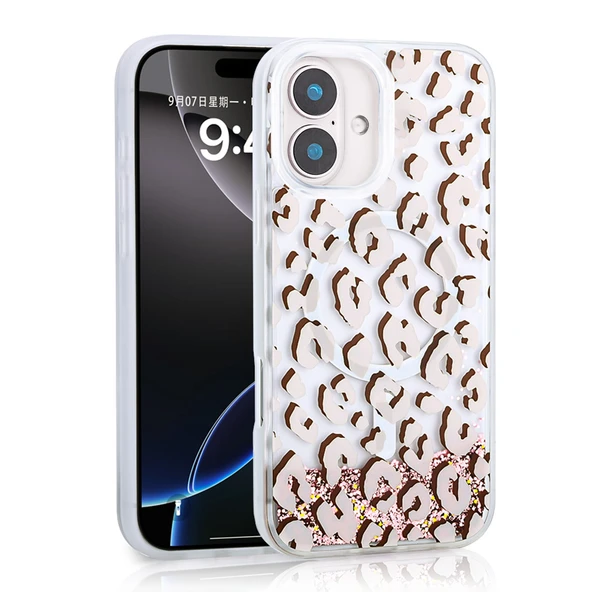 Apple iPhone 16 Kılıf Sıvılı Simli Baskılı Şeffaf Arka Yüzey  Mossa Silikon Kapak ürün görseli