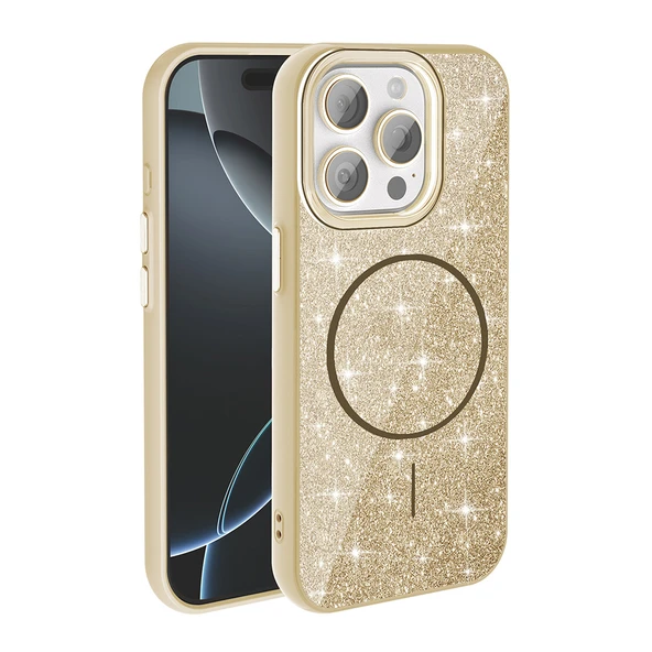 Apple iPhone 15 Pro Max Kılıf M-safe Şarj Özellikli Parlayan Simli  Okso Kapak ürün görseli