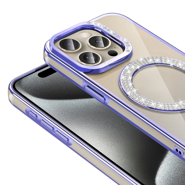 Apple iPhone 15 Pro Max Kılıf Pırlanta Taş Tasarımlı M-safe Şarj Özellikli  Karetta Silikon Kapak - Resim 4